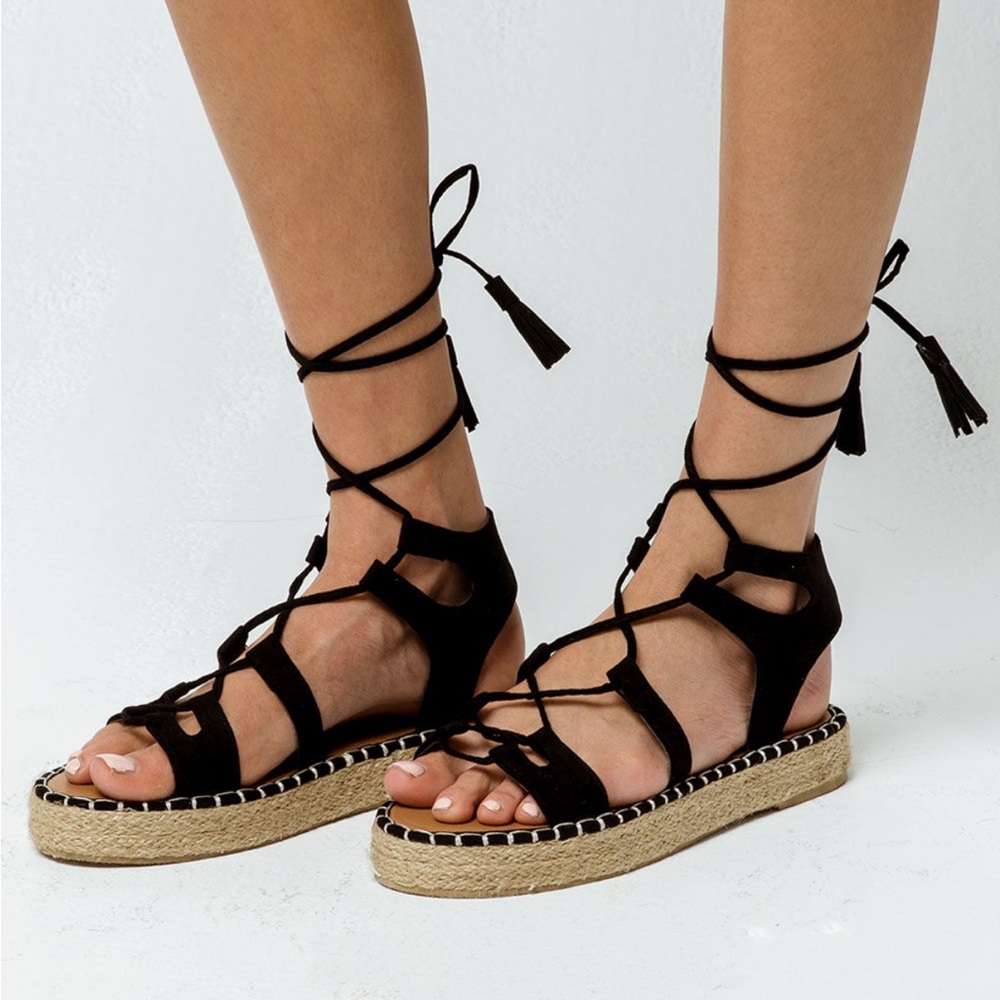 Lulus Black Suede Lace-Up Flatform Espadrille Sandals